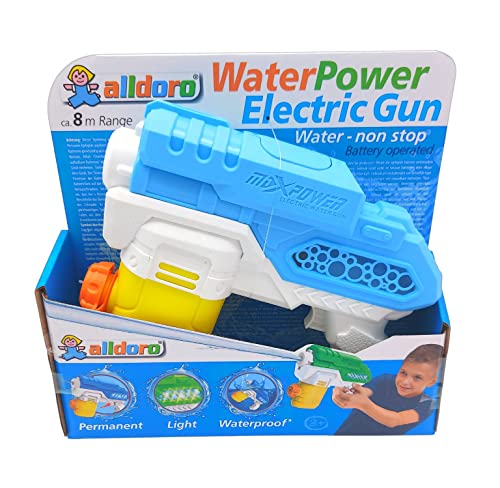 alldoro 63078 Water Power - Pistola de Agua eléctrica (Aprox. 22 cm, cañón de Agua con luz, Alcance de hasta 8 Metros, para Playa, jardín y Ocio, para niños a Partir de 3 años), Color Azul