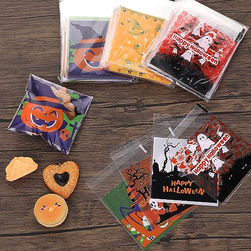 Amaxiu 300 bolsas de golosinas de Halloween, 6 bolsas de celofán de estilo lindo para dulces, bolsas transparentes para trucos o golosinas, bolsas de plástico autoadhesivas a granel para Halloween (B)