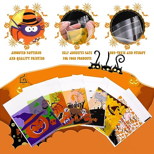 Amaxiu 300 bolsas de golosinas de Halloween, 6 bolsas de celofán de estilo lindo para dulces, bolsas transparentes para trucos o golosinas, bolsas de plástico autoadhesivas a granel para Halloween (B)