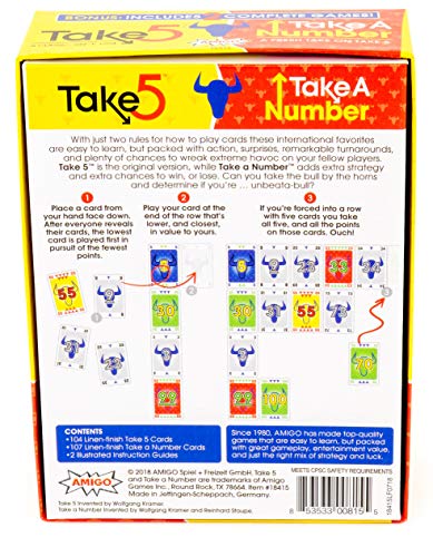 AMIGO Tomar 5: Dos juegos en uno - Versión estadounidense de 6 Nimmt! con Take A Number (X Nimmt!) Incluido, Amarillo/Rojo