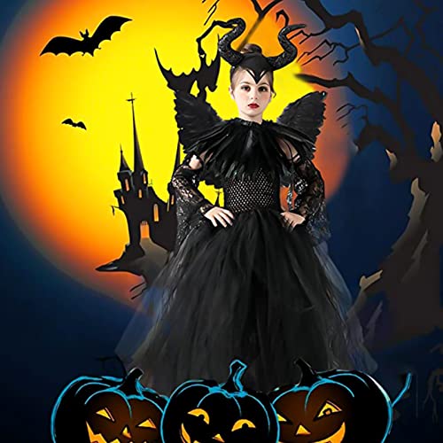 AMOBON Disfraz de Maléfica Niñas, Maleficent Costume para Niños, Vestido de Reina Malvada con Tocado de Cuernos y Charreteras de Capa de Alas Negras para Carnaval Halloween Cosplay Fiesta (M)