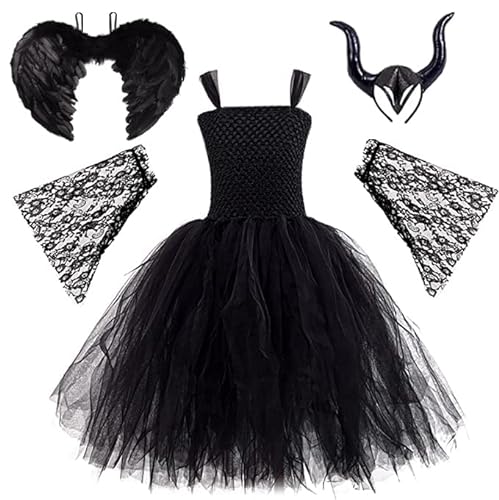 AMOBON Disfraz de Maléfica Niñas, Maleficent Costume para Niños, Vestido de Reina Malvada con Tocado de Cuernos y Charreteras de Capa de Alas Negras para Carnaval Halloween Cosplay Fiesta (M)