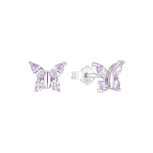 Amor Pendientes de plata de ley 925 para niña, con circonita cúbica sintética, 0,7 cm, plata, mariposa, Se entrega en estuche de regalo, 2036526