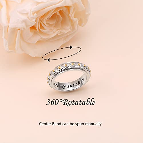 Anillo giratorio para aliviar la ansiedad, con diseño de margarita, con texto en inglés "You Are My Sunshine", de plata de ley, para aliviar el estrés y TDAH, para mujeres y niñas, V 1/2, Plata de ley