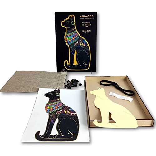 ANIWOOD Puzzle de Madera de Animales. Tapa troquelada, Caja a tamaño Real del Puzzle. 3 Modos de dificultad, Elemento Decorativo. Piezas únicas Originales de Animales (Medium, Gato Egipcio)