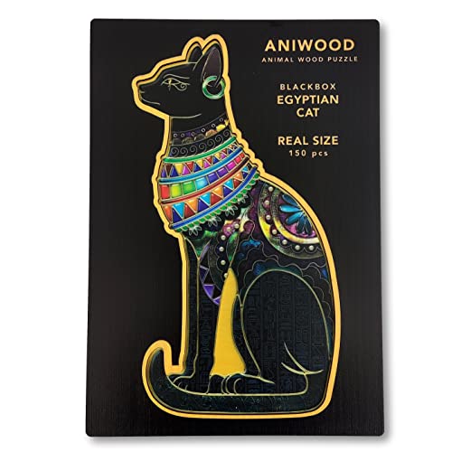 ANIWOOD Puzzle de Madera de Animales. Tapa troquelada, Caja a tamaño Real del Puzzle. 3 Modos de dificultad, Elemento Decorativo. Piezas únicas Originales de Animales (Medium, Gato Egipcio)