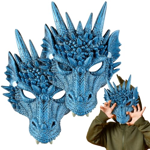 Aoriher 2 Máscaras de Dragón de Halloween Máscara Media de Dragón de Mascarada Antifaz de Dragón de Animal para Disfraz Día Mundial del Libro Accesorios de Fiesta de Carnaval Cosplay Regalos, Azul