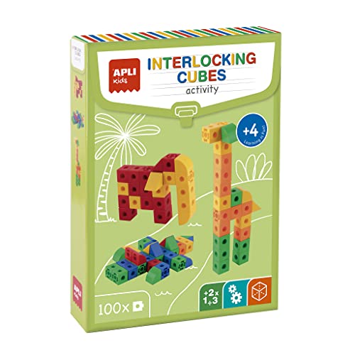 APLI Kids 19161 - Juego de construcción Interlocking Cubes - 100 piezas para construir vehículos, animales y personajes - Incluye 8 fichas con ejemplos