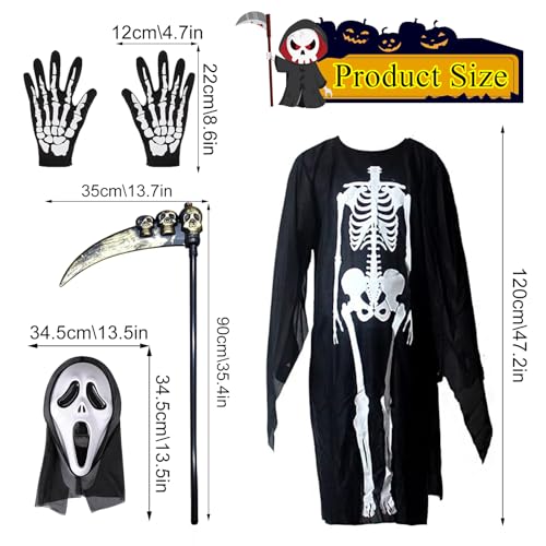 ARONRAVE Disfraz de fantasma de Screaming escalofriante, disfraz de Halloween Scream, máscaras de cráneo, guantes y guadaña, disfraz de esqueleto de demonio de Halloween, disfraz de parca para