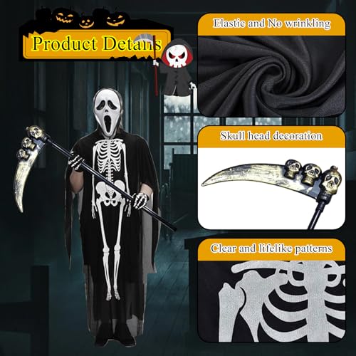 ARONRAVE Disfraz de fantasma de Screaming escalofriante, disfraz de Halloween Scream, máscaras de cráneo, guantes y guadaña, disfraz de esqueleto de demonio de Halloween, disfraz de parca para