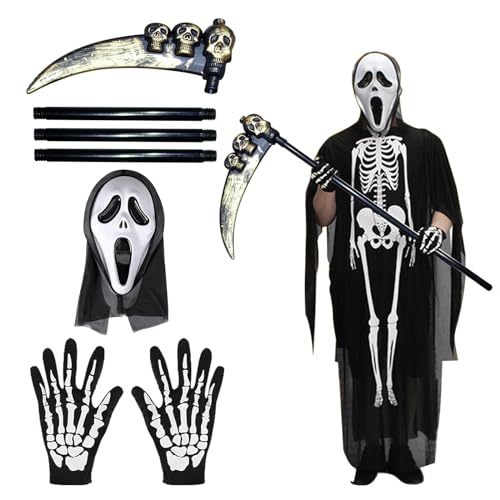 ARONRAVE Disfraz de fantasma de Screaming escalofriante, disfraz de Halloween Scream, máscaras de cráneo, guantes y guadaña, disfraz de esqueleto de demonio de Halloween, disfraz de parca para