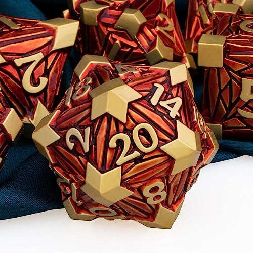 ARUOHHA DND - Juego de dados de metal con fragmentos de cristal, dados D&D con caja de regalo, 7 piezas de dados D y D rojos dorados de Dungeons and Dragons RPG, juego de dados poliédricos D20 D12 D10