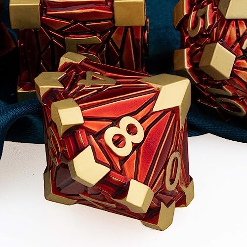 ARUOHHA DND - Juego de dados de metal con fragmentos de cristal, dados D&D con caja de regalo, 7 piezas de dados D y D rojos dorados de Dungeons and Dragons RPG, juego de dados poliédricos D20 D12 D10