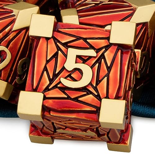 ARUOHHA DND - Juego de dados de metal con fragmentos de cristal, dados D&D con caja de regalo, 7 piezas de dados D y D rojos dorados de Dungeons and Dragons RPG, juego de dados poliédricos D20 D12 D10