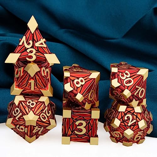 ARUOHHA DND - Juego de dados de metal con fragmentos de cristal, dados D&D con caja de regalo, 7 piezas de dados D y D rojos dorados de Dungeons and Dragons RPG, juego de dados poliédricos D20 D12 D10