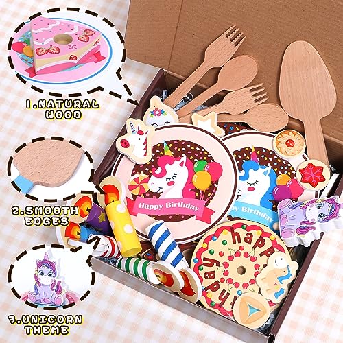 Atoylink Unicornio Pastel de Cumpleaños de Madera Accesorios de Cocina Juguete Madera Velas Tarta de Cumpleaños Pastel Comida Juguete Alimentos Juego de Roles Regalo para Niñas y Niños (Chocolate)