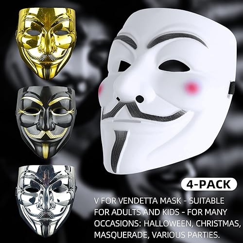 Atuoxing 4 PCS V para Vendetta Mascara Disfraz Mascara Halloween de Fiesta de Cosplay Máscara de Hacker Máscara Anónimo para Adultos Niños