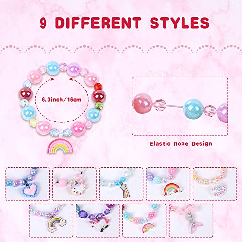 Aucuu Juego de 18 Pulseras con Corona de Unicornio y Anillos, 9 Pulseras con Cuentas de Arcoíris Brillantes, 9 Anillos Ajustables Coloridos para Niñas, Fiesta de Juego de Niñita