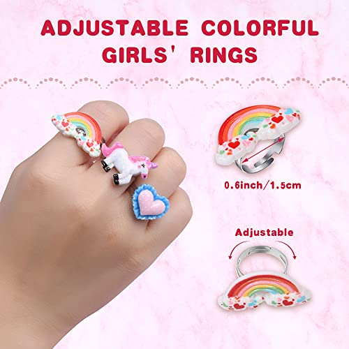 Aucuu Juego de 18 Pulseras con Corona de Unicornio y Anillos, 9 Pulseras con Cuentas de Arcoíris Brillantes, 9 Anillos Ajustables Coloridos para Niñas, Fiesta de Juego de Niñita