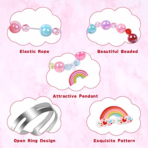 Aucuu Juego de 18 Pulseras con Corona de Unicornio y Anillos, 9 Pulseras con Cuentas de Arcoíris Brillantes, 9 Anillos Ajustables Coloridos para Niñas, Fiesta de Juego de Niñita