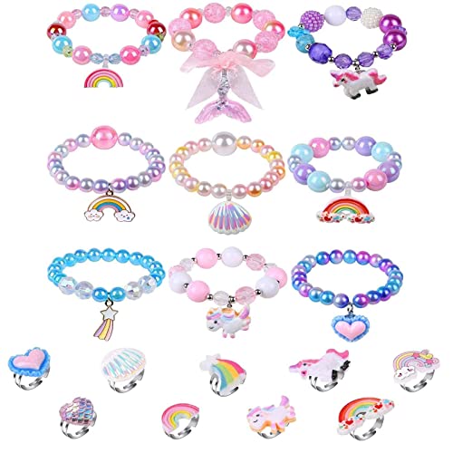 Aucuu Juego de 18 Pulseras con Corona de Unicornio y Anillos, 9 Pulseras con Cuentas de Arcoíris Brillantes, 9 Anillos Ajustables Coloridos para Niñas, Fiesta de Juego de Niñita