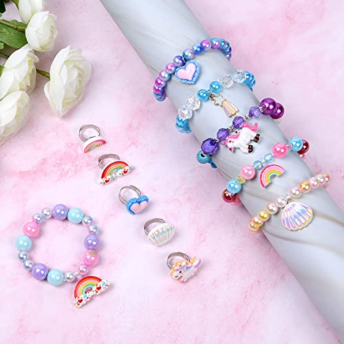 Aucuu Juego de 18 Pulseras con Corona de Unicornio y Anillos, 9 Pulseras con Cuentas de Arcoíris Brillantes, 9 Anillos Ajustables Coloridos para Niñas, Fiesta de Juego de Niñita