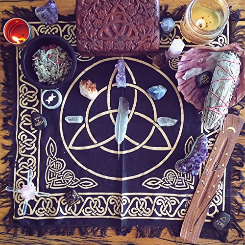 AVA Collections Mantel de altar de 24 x 24 pulgadas, color dorado y plateado, para tarot, brujería, altar Wicca, curación espiritual, tarot, juego de mesa, mantel ritual (triquetra)