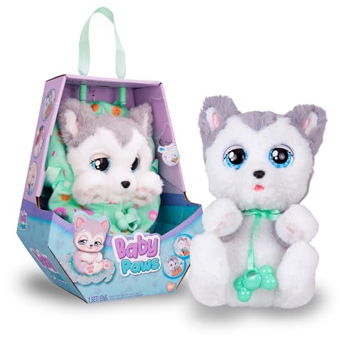 BABY PAWS Sleeping Puppies Husky- Peluche Interactivo con Sonidos que Abren y Cierran los Ojitos e Incluyen una Bolsita-Manta-Regalo óptimo para Niños y Niñas +3 Años