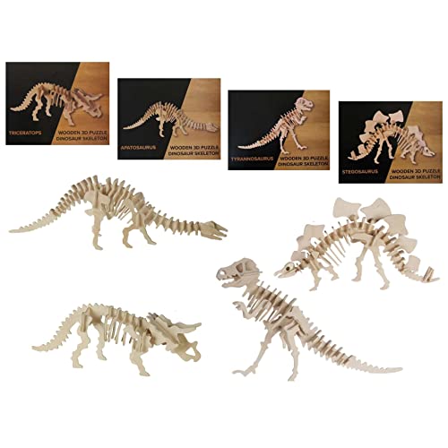 Bada Bing Juego de 4 puzzles de madera natural 3D para niños, puzzle de dinosaurio, esqueleto de dinosaurio, para manualidades y construcción, 45