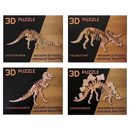 Bada Bing Juego de 4 puzzles de madera natural 3D para niños, puzzle de dinosaurio, esqueleto de dinosaurio, para manualidades y construcción, 45