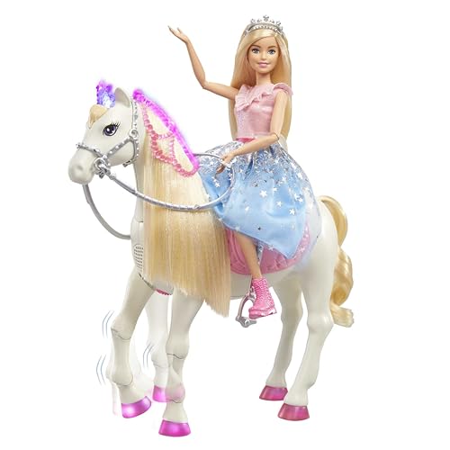 Barbie Avemtura de Princesas Muñeca rubia con caballo de juguete con luces y sonidos (Mattel GYK64)