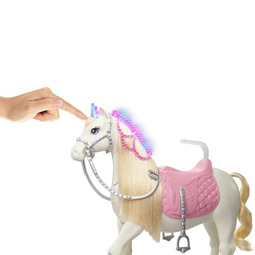 Barbie Avemtura de Princesas Muñeca rubia con caballo de juguete con luces y sonidos (Mattel GYK64)