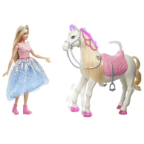 Barbie Avemtura de Princesas Muñeca rubia con caballo de juguete con luces y sonidos (Mattel GYK64)