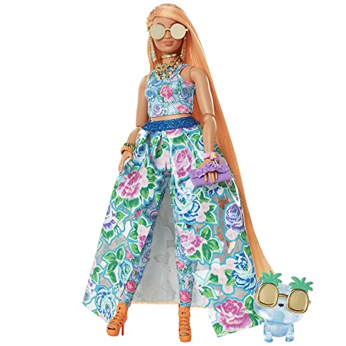 Barbie Extra Fancy Look floral Muñeca rubia con falda y top de flores, bata, gatito y accesorios de moda, juguete de regalo +3 años (Mattel HHN14)