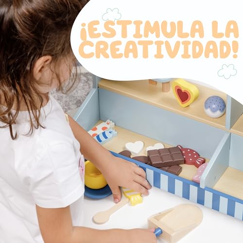 Baroni Juguetes Montessori Cafetería de Madera para Niños, Juego de Madera para la Venta de Café y Helados, Juegos de Madera para Niños 3 4 5 6 7 Años, Contador de Juguetes, 41x19x25 cm