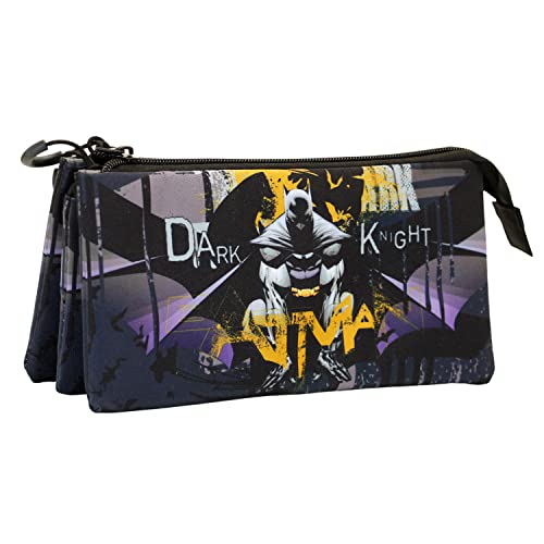 Batman Dark Night-Estuche Portatodo Triple FAN, Gris, 23 x 11 cm