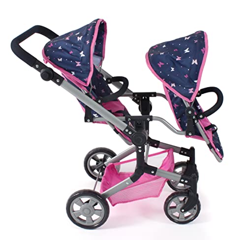 Bayer Chic 2000 - Carro de muñecas Linus Duo, Cochecito para muñecas gemelas para niños de 4 a 8 años, Butterfly, Rosa Marino, 690-33