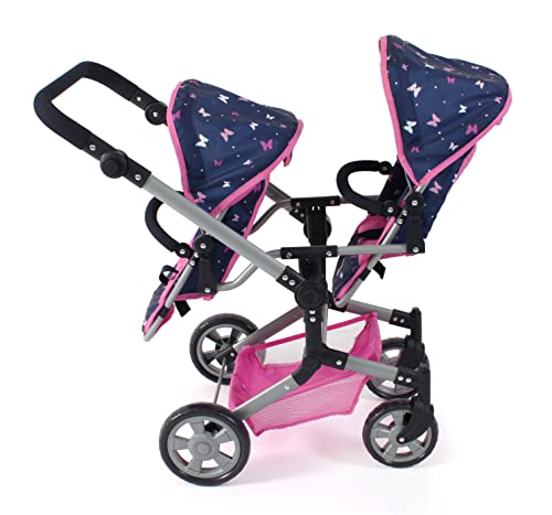 Bayer Chic 2000 - Carro de muñecas Linus Duo, Cochecito para muñecas gemelas para niños de 4 a 8 años, Butterfly, Rosa Marino, 690-33