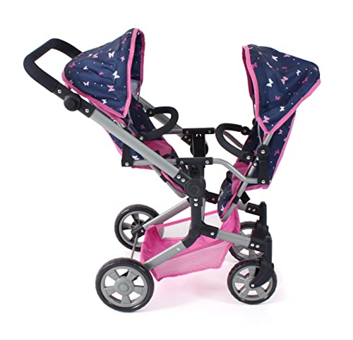 Bayer Chic 2000 - Carro de muñecas Linus Duo, Cochecito para muñecas gemelas para niños de 4 a 8 años, Butterfly, Rosa Marino, 690-33