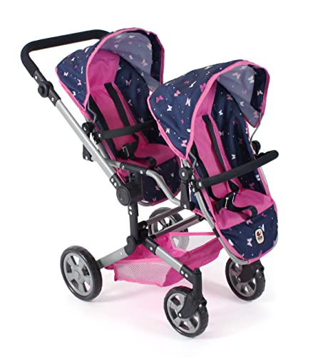 Bayer Chic 2000 - Carro de muñecas Linus Duo, Cochecito para muñecas gemelas para niños de 4 a 8 años, Butterfly, Rosa Marino, 690-33