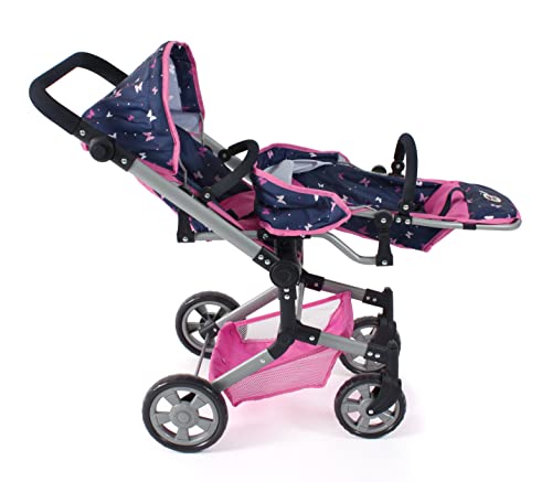 Bayer Chic 2000 - Carro de muñecas Linus Duo, Cochecito para muñecas gemelas para niños de 4 a 8 años, Butterfly, Rosa Marino, 690-33