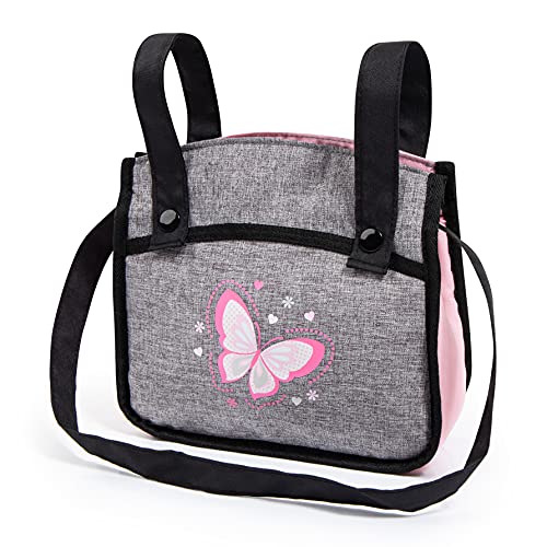 Bayer Design 26233AA Cochecito de muñeca gemelas, Carrito Paseo para muñecos, Ajustable en Altura, Plegable, con Bolsa de Bandolera, Compatible con Silla de Coche EasyGo, Gris, Rosa, Mariposa