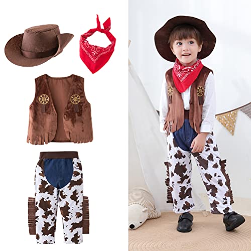 Bebé Niño Niña Vaquero Disfraz 4 Piezas Chaleco + Pantalones + Sombrero + Pañuelo América Salvaje Oeste Vaquero Trajes Conjunto Niños Disfraces para Halloween Disfraces,Roles Juego y Cosplay 1-8 Años