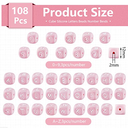 BEEFLYING 108 Piezas Cubo Rosa Cuentas de Silicona Letra Número Cuadrado Dado Alfabeto Cuentas con 2mm Agujero Espaciador Letras Sueltas Cuentas para Pulsera Collar Fabricación de Joyas