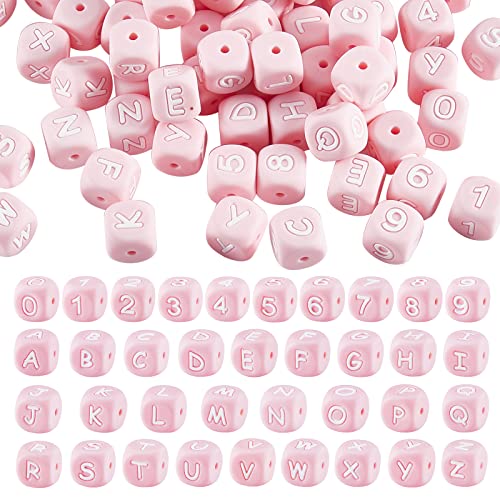 BEEFLYING 108 Piezas Cubo Rosa Cuentas de Silicona Letra Número Cuadrado Dado Alfabeto Cuentas con 2mm Agujero Espaciador Letras Sueltas Cuentas para Pulsera Collar Fabricación de Joyas