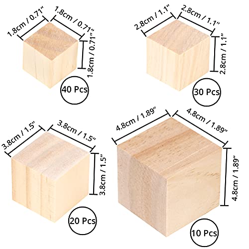 Belle Vous Pack de 100 Cubos de Madera Bloque Madera 4 Tamaños Variados Sin Acabado – Cubos para Manualidades, Puzzle, Alfabeto Educativo y Números, Sellos y Regalos