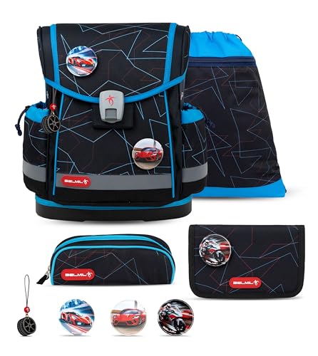 Belmil Classy Plus 405-78/AG/S - Juego de 5 mochilas escolares con correa para el pecho, Cars Blue, 36 x 27 x 16 cm