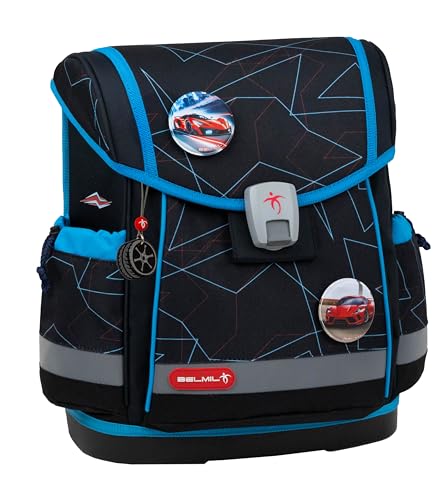 Belmil Classy Plus 405-78/AG/S - Juego de 5 mochilas escolares con correa para el pecho, Cars Blue, 36 x 27 x 16 cm