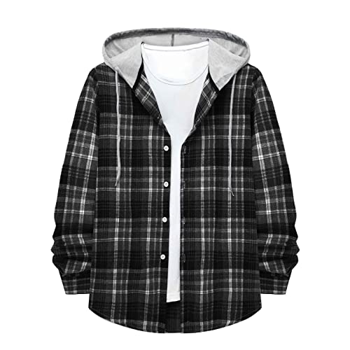 Beokeuioe Hoodie Herren Kariertes Hemd Freizeit Langarm Regular Fit Hemd mit Kapuze Herren Klassisch Kariert Hemdjacke Patchwork Checked Hoodie Karohemd Basic Plaid Shirts, B Dark Grey, S