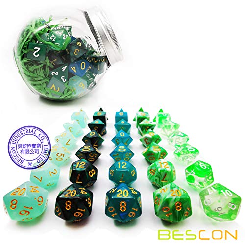 Bescon 35pcs Polyhedral RPG Dice Emeralds Set, DND Role Playing Game Dice Green Sets 5X7pcs